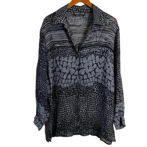 Russell Kemp New York Gray Button Up Blouse Sheer Multiprint Animal Print Top